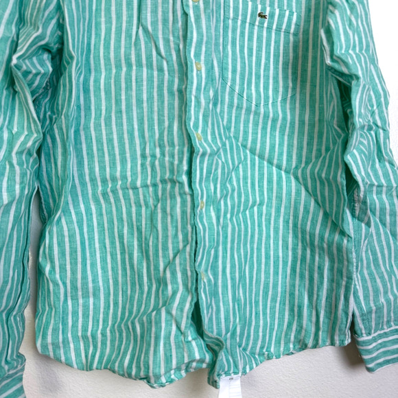 Lacoste Linen Shirt Mens 41 Green Striped Long Sleeve Button Up Resort Beach - Picture 4 of 9